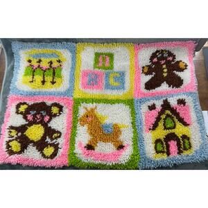 Vintage 1970s Latch Hook Rug Animal Nursery Blocks 32x22 Decor Wall Hanging